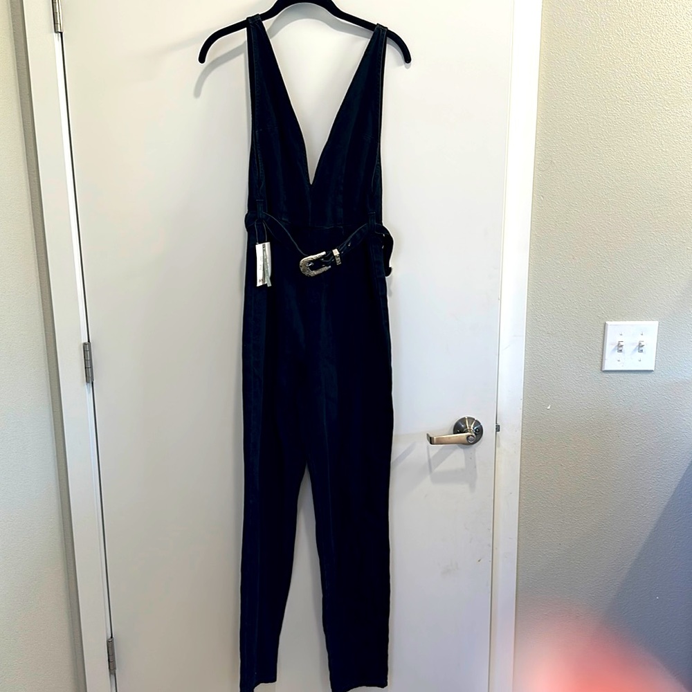 Black Denim sleeveless jumpsuit/overalls with silver buckle belt
